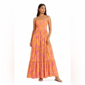 Abel The Label Strapless Smocked Maxi Dress Pink Orange Floral Tiered Resort S